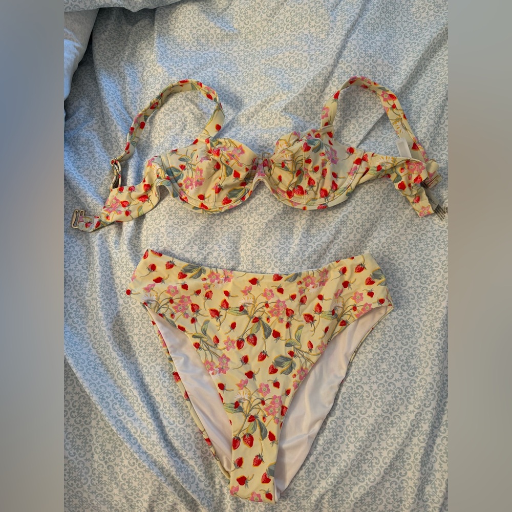 Victoria's Secret Yellow Floral Bikini with Red Strawberry Print